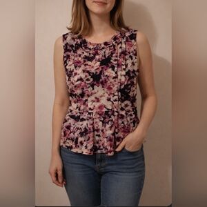 Attention Purple White Floral Sleeveless Peplum Office Chic Blouse Medium